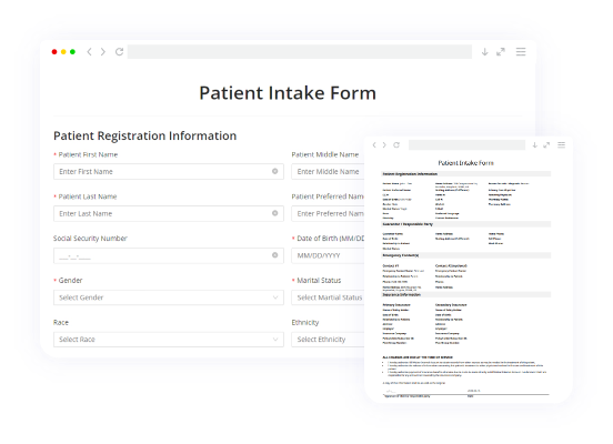 Side-by-side comparison of an online intake form and its printable counterpart, highlighting how HIPAAtizer supports electronic patient intake forms for healthcare providers.
