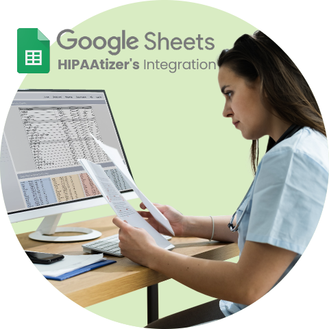 Healthcare professional reviewing data in Google Sheets powered by HIPAAtizer’s integration, ideal for analyzing completed digital mental health forms such as the GAD 7 form.
