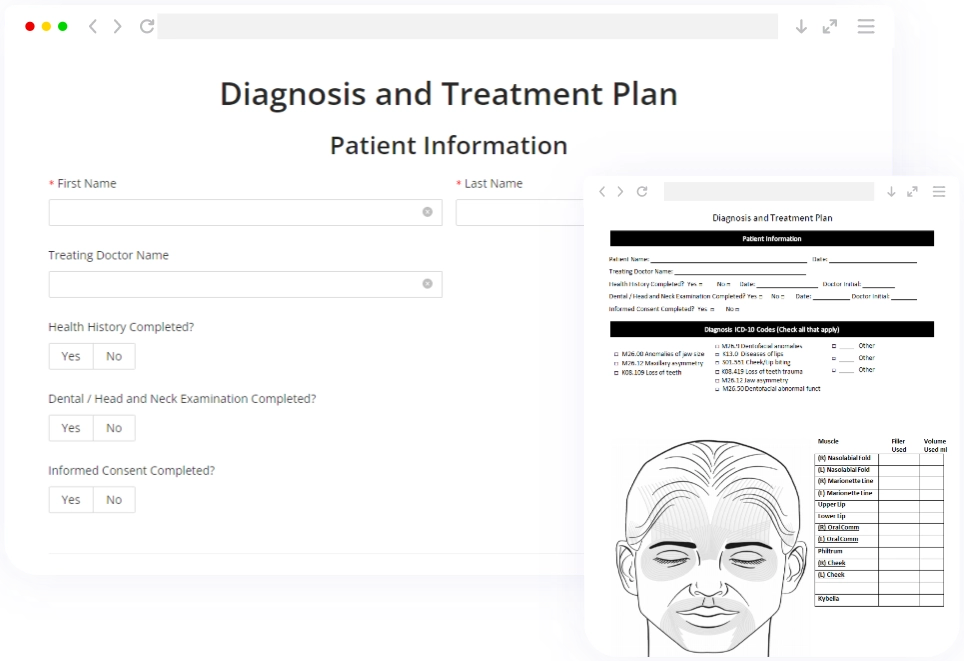 Diagnosis and treatment plan form with muscle reference diagram, representing a printable Botox treatment record template for facial esthetics.
