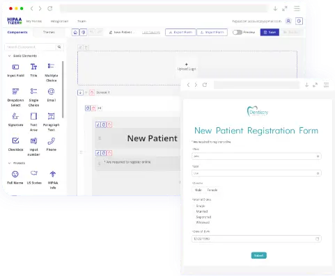 Split-screen showing HIPAAtizer’s form creation tool and a live demo of the dental registration form being created through the tool, highlighting HIPAA-Compliant forms.