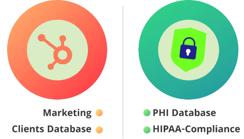 Side-by-side comparison of HubSpot’s marketing database and a HIPAA-compliant PHI database, illustrating the need for clarity around HubSpot HIPAA compliance.
