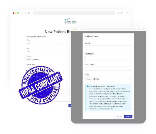 HIPAAtizer form marked HIPAA compliant, alongside a team invite modal window with a compliance disclaimer, highlighting the HIPAA compliant forms Wix users can deploy for secure data collection.