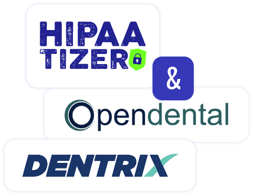HIPAAtizer integration logos alongside Open Dental and Dentrix, promoting interoperability with HIPAA dental form systems in leading dental practice platforms.
