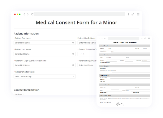 Digital and printable versions of a medical consent form for a minor, illustrating how a pediatric intake form can be securely managed through online platforms.