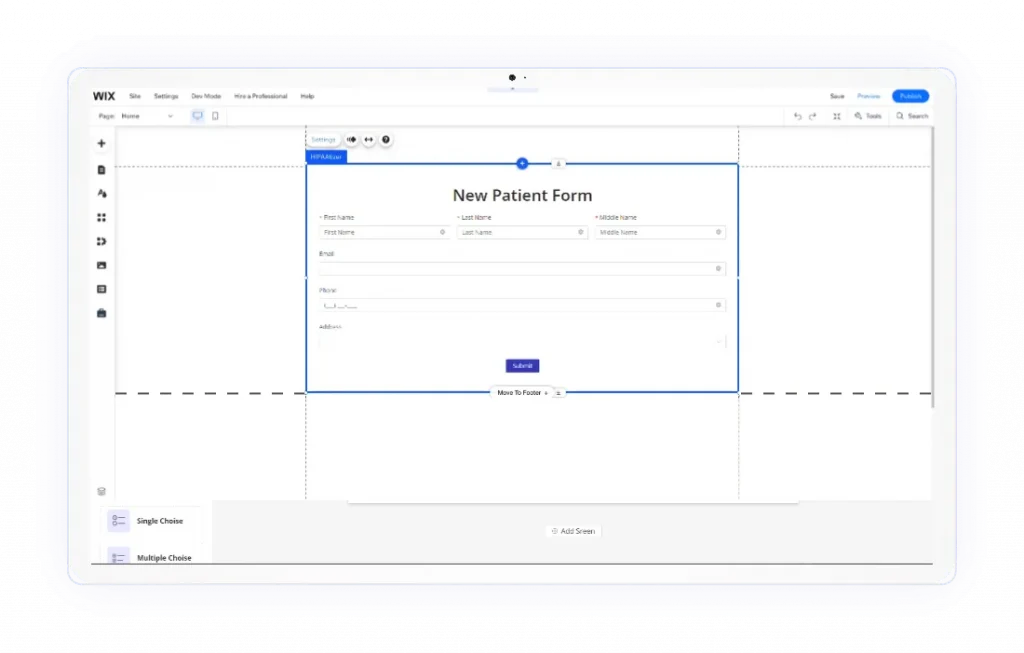 New Patient Form embedded within the Wix website editor, showing HIPAAtizer integration making Wix HIPAA Compliant.