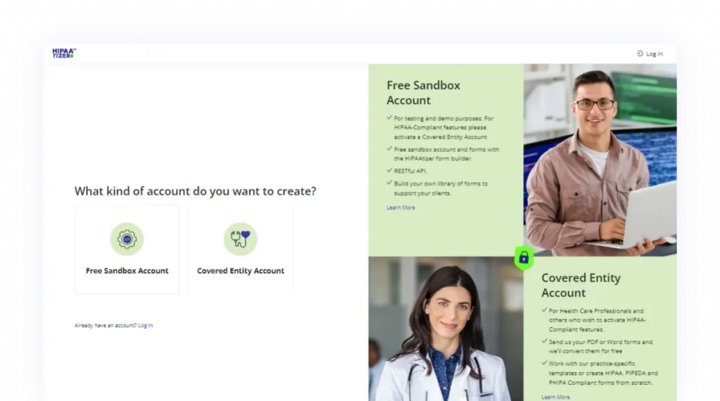 HIPAAtizer account creation screen with options for Free Sandbox or Covered Entity accounts, supporting those wondering “is Wix HIPAA compliant” by offering a secure path to compliance.