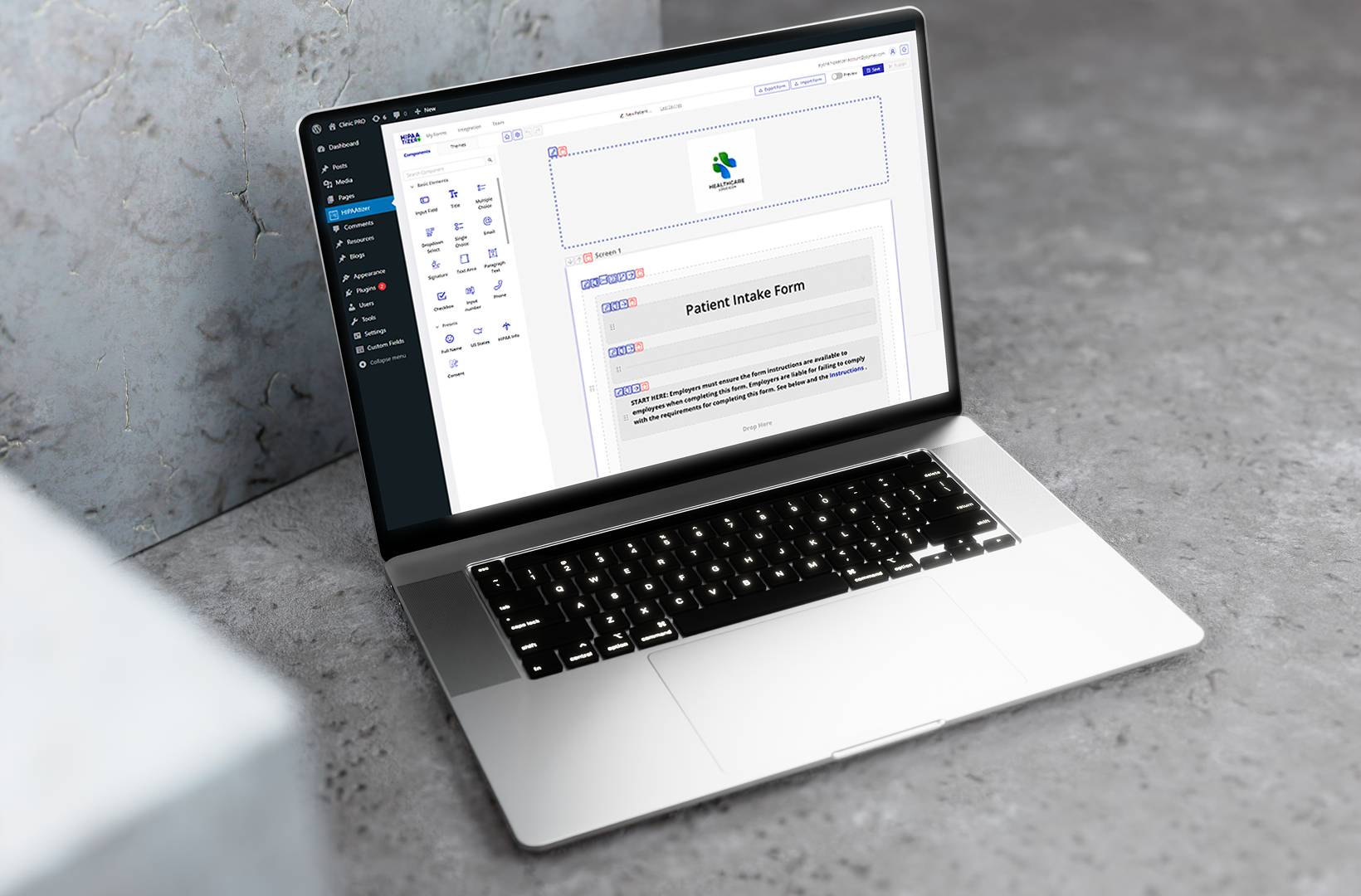 Laptop screen displaying HIPAAtizer form builder interface for creating HIPAA-Compliant forms