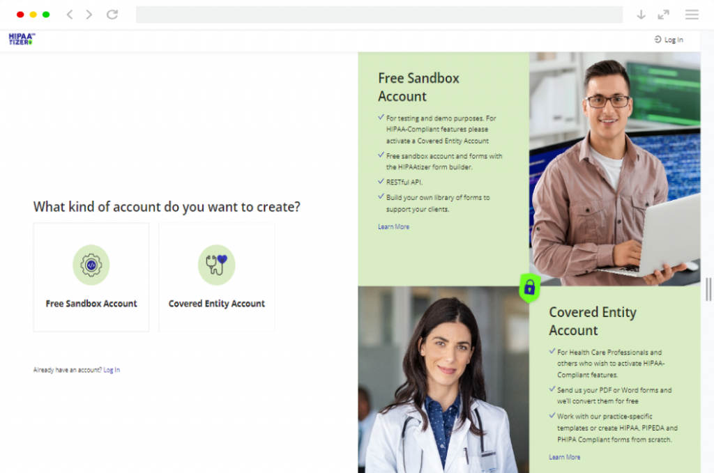 Sign-up screen for HIPAAtizer, showing how new users can start building HIPAA-compliant forms for the Duda website builder