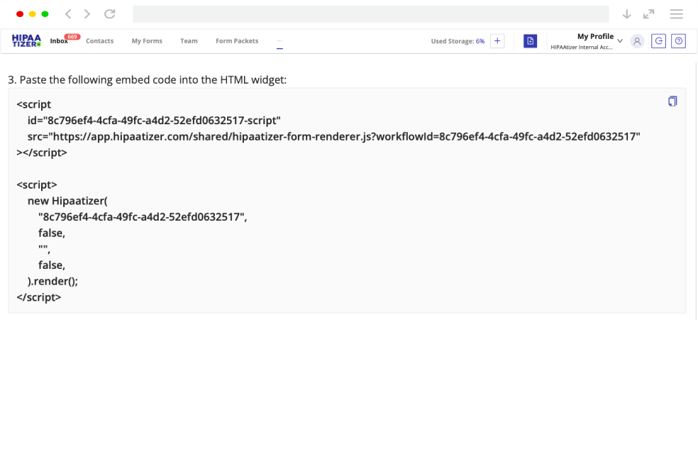 Embed code snippet generated by HIPAAtizer for placing a HIPAA-compliant form inside the Duda website builder