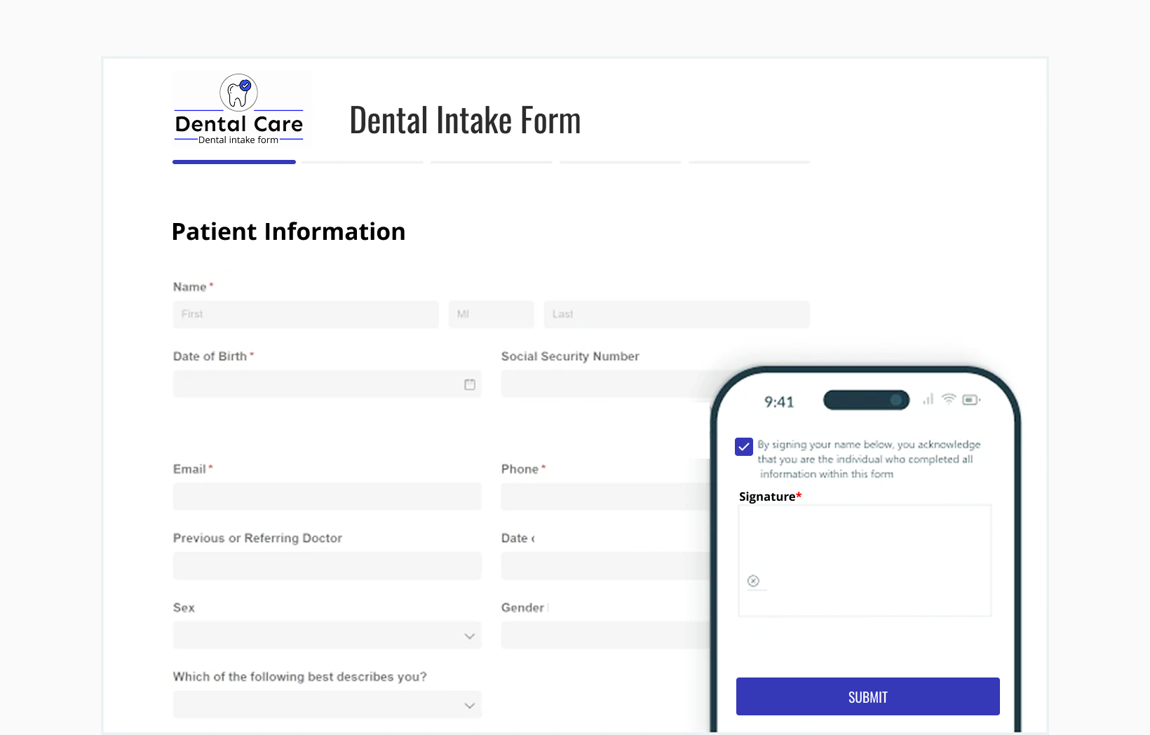 Desktop and mobile preview of a dental intake form built using a HIPAA-Compliant Form Builder