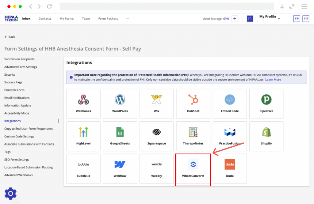 List of HIPAAtizer’s integrations with CRMs, website builders, and marketing tools. WhatConverts highlighted as a HIPAA-Compliant integration option