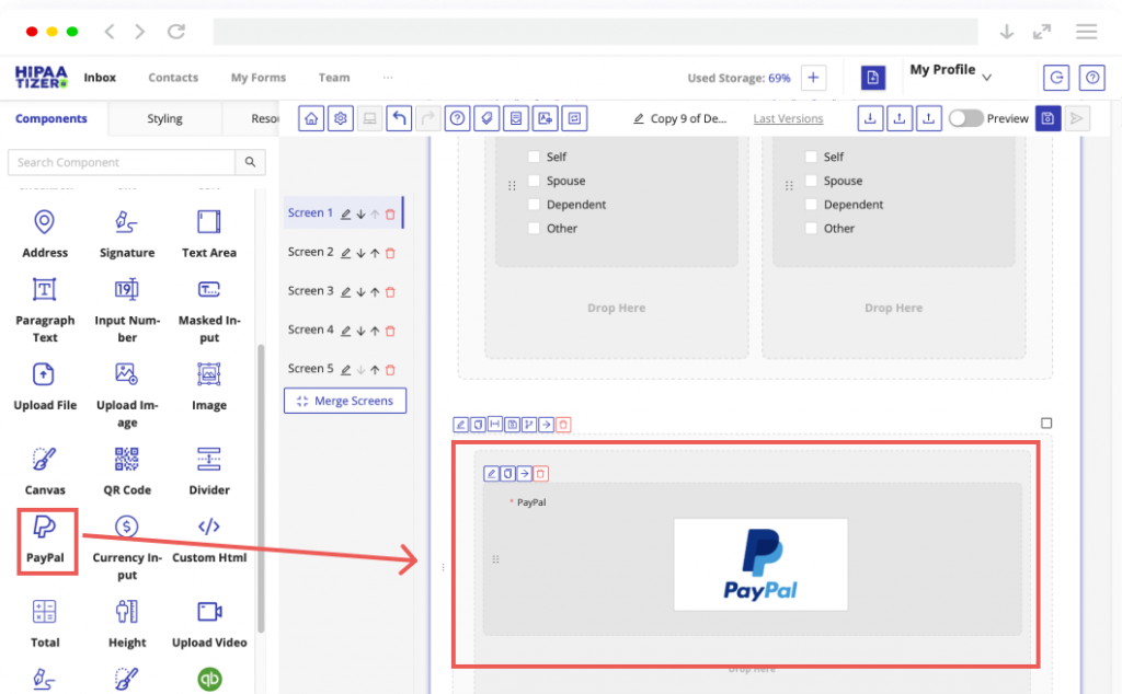 Step 2: Drag and drop the PayPal payment element into your HIPAAtizer HIPAA-Compliant form
