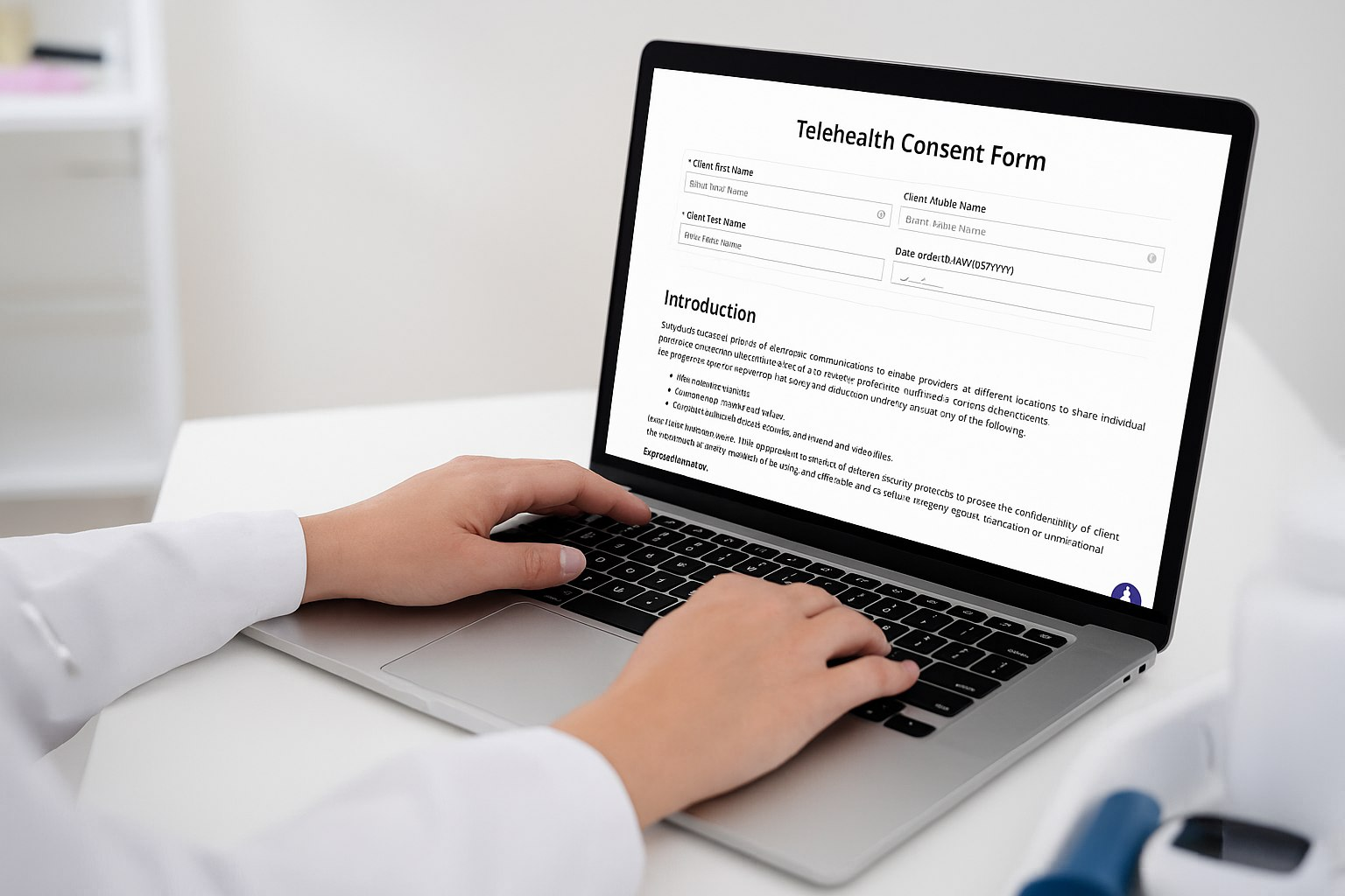 Telehealth Consent Form on a laptop. Mobile-friendly template.
