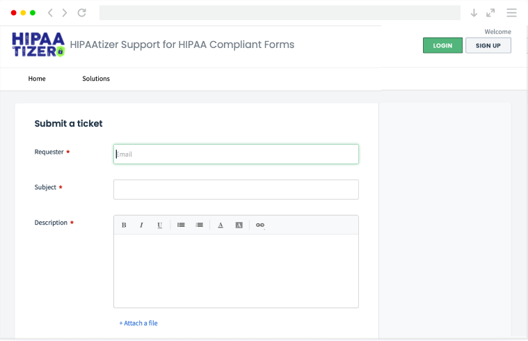  Image of the HIPAAtizer support request page used to set up the Open Dental integration.