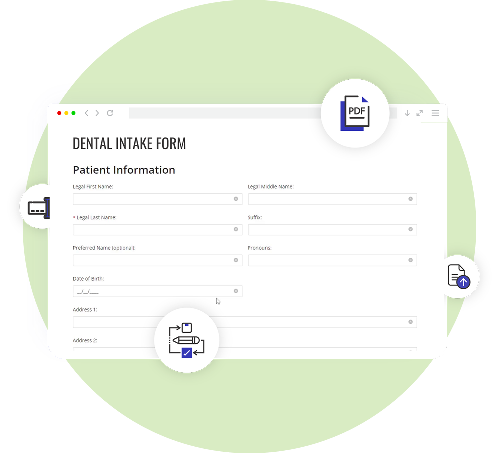 A digital dental intake form displayed on a laptop, with a mobile-friendly layout.
