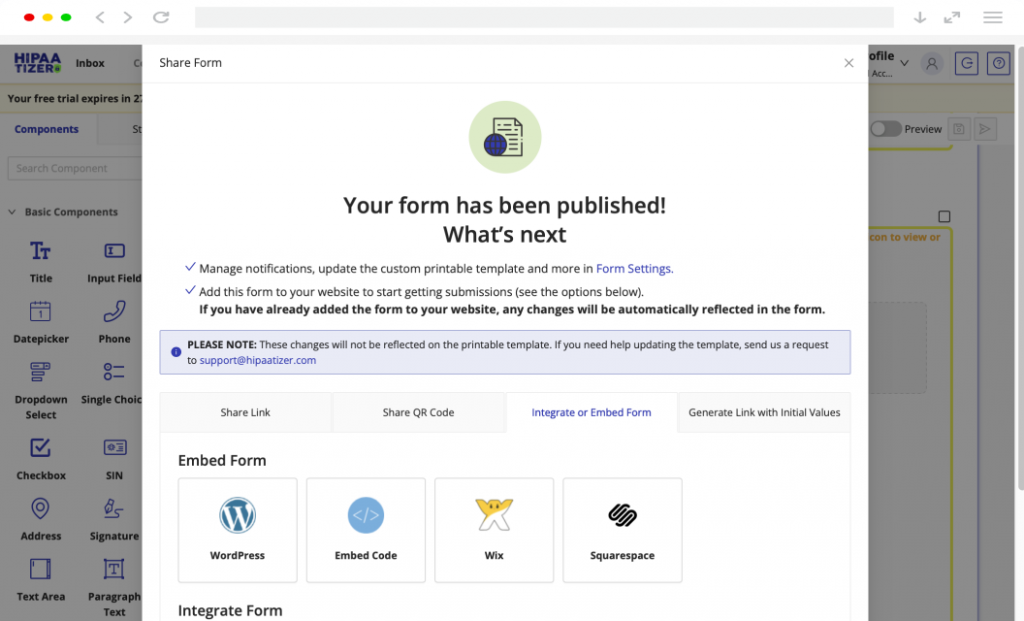 Visual steps showing how to create a telehealth consent form in HIPAAtizer, customize branding, and share it via website embed or social media campaign.