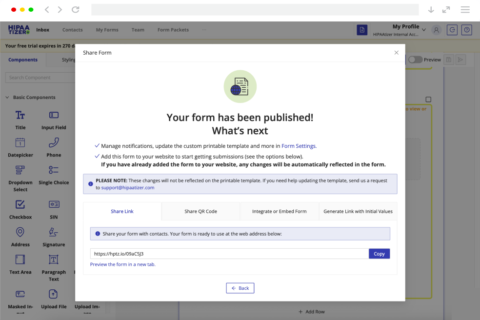 Visual steps showing how to create a telehealth consent form in HIPAAtizer, customize branding, and share it via website embed or social media campaign.
