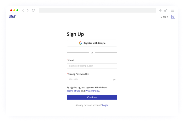 Screenshot of the HIPAAtizer sign-up screen to create a new account for building HIPAA-Compliant dental forms.