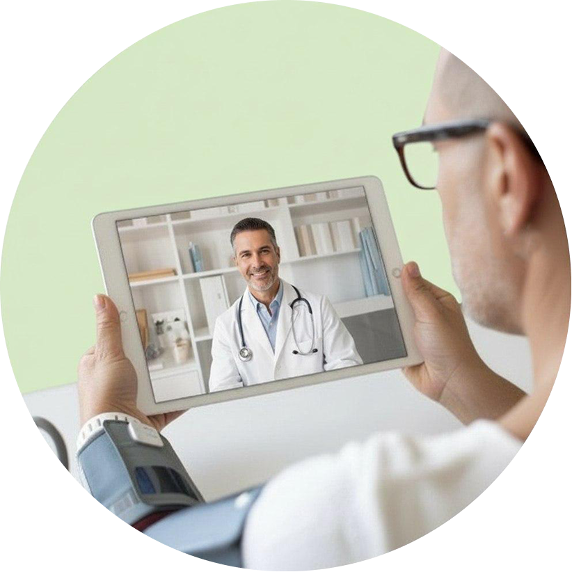 Patient using a tablet during a virtual telehealth appointment.