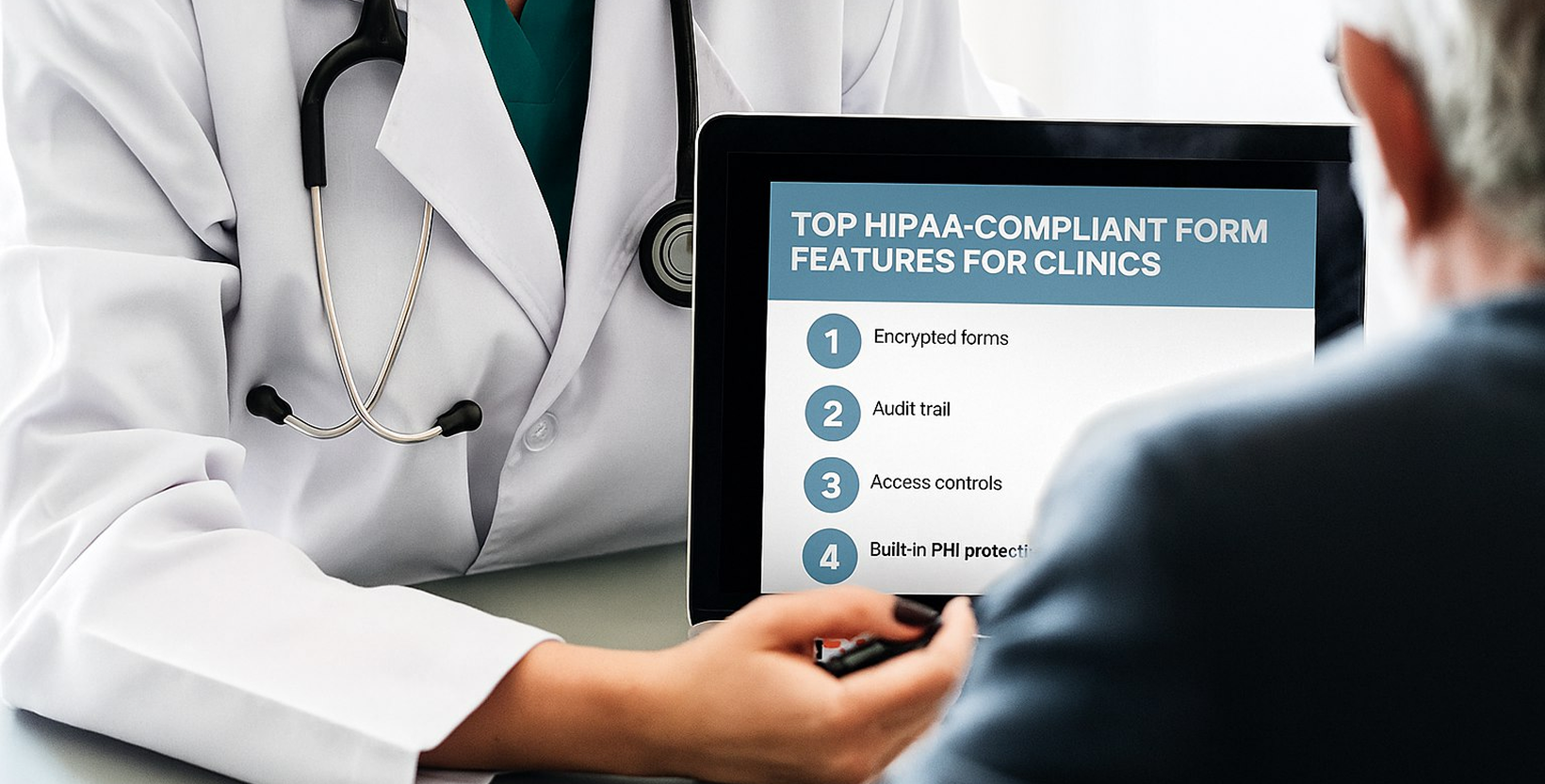 A doctor showing the screen with HIPAA-Compliant Online form features