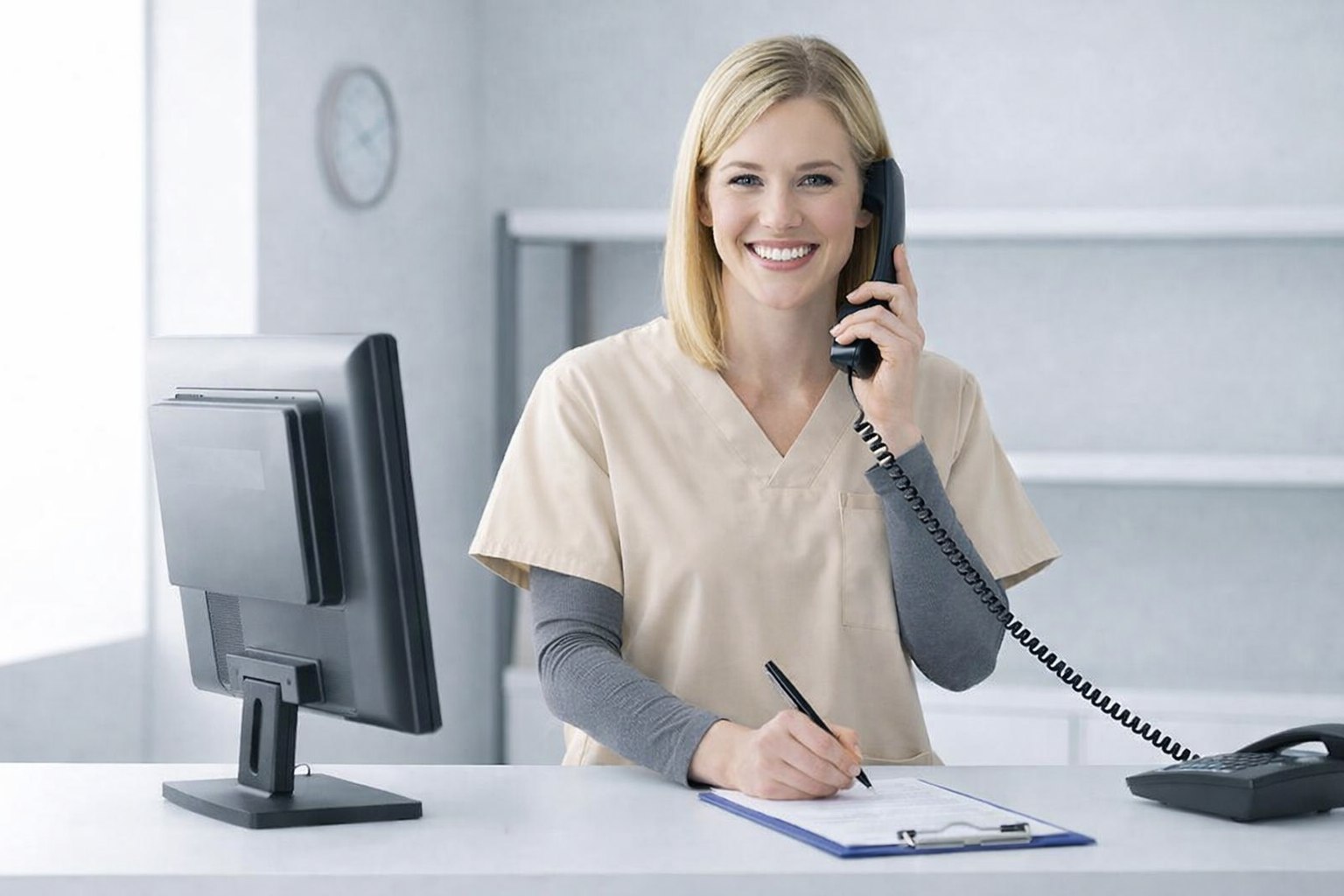 Front desk staff managing patient intake forms on a laptop at a clinic