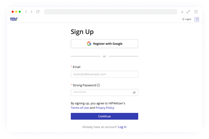 Sign-up page for creating a HIPAAtizer account to manage Dropbox HIPAA compliance and secure file sharing.