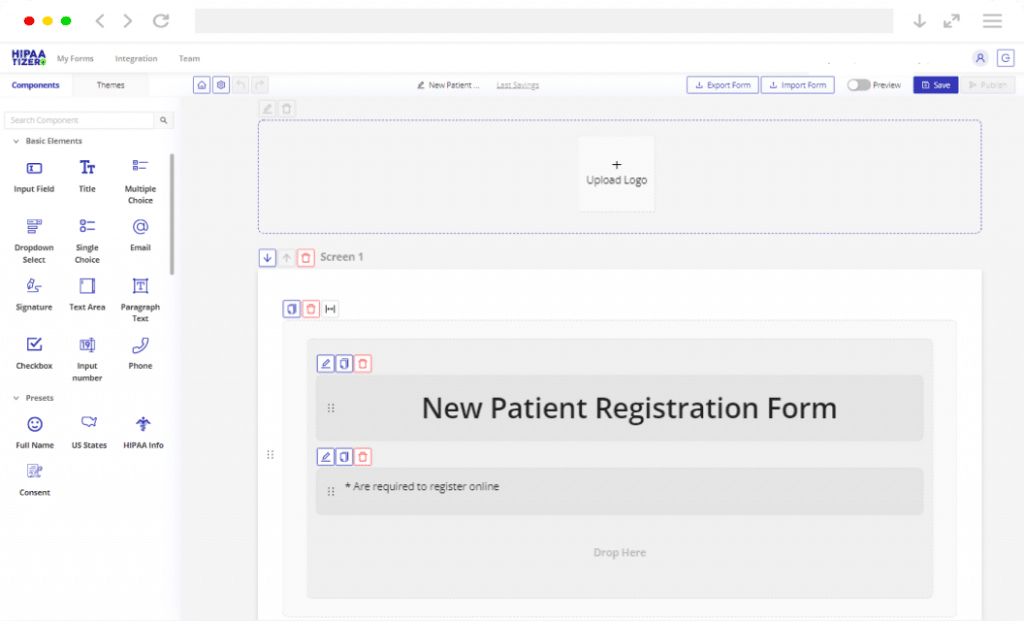 The HIPAAtizer form builder interface used to create HIPAA compliant intake forms.