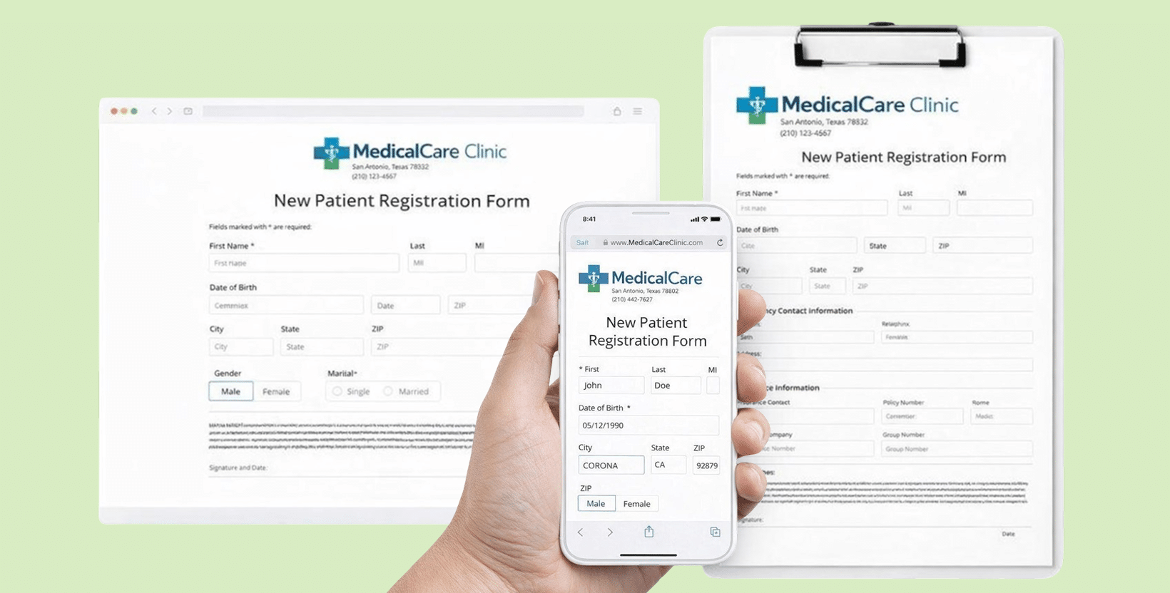 Digital HIPAA-form on mobile and desktop replacing a paper clipboard.