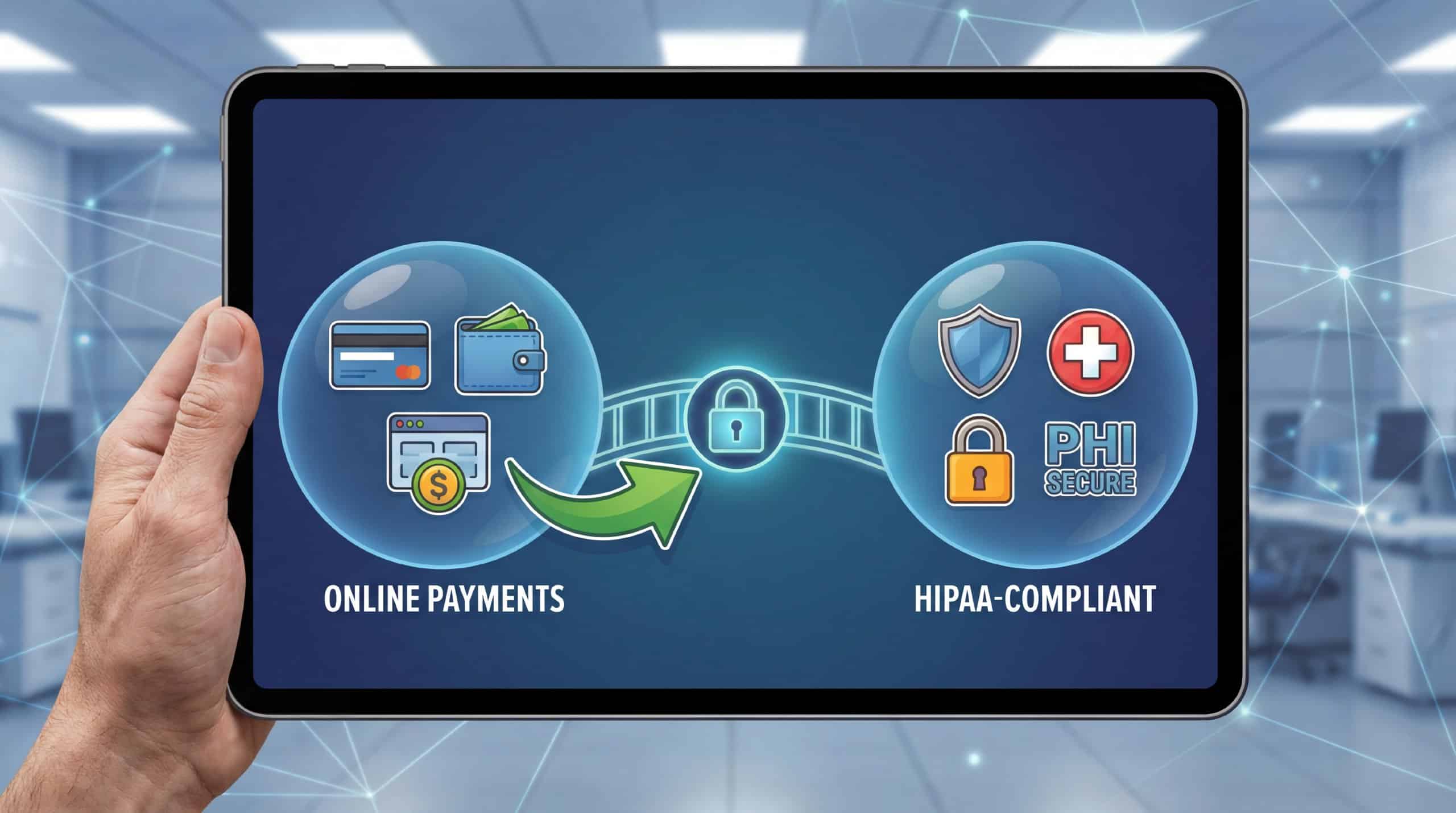 Tablet displaying HIPAA-Compliant E-commerce with secure online payments, credit card icons, lock, shield, and PHI security symbols