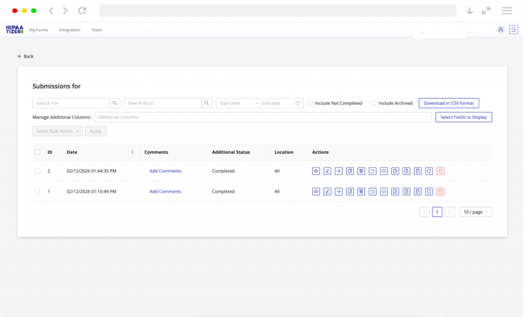 HIPAAtizer dashboard showing secure form submissions management with filtering, comments, and export options for HighLevel HIPAA compliance.