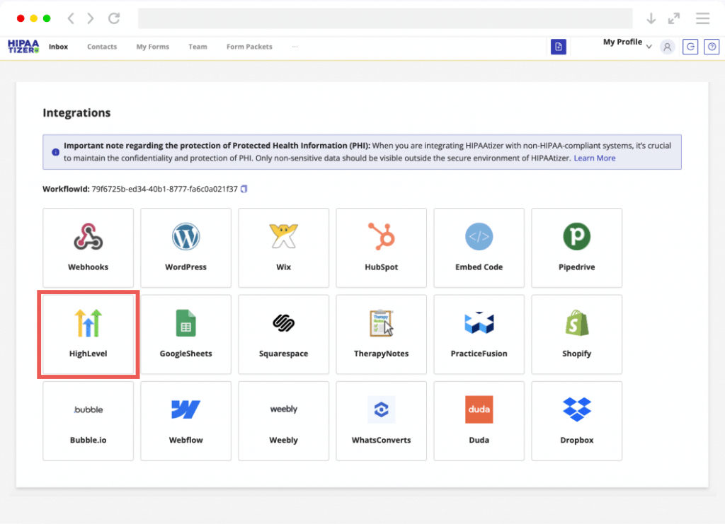 HIPAAtizer integrations dashboard highlighting HighLevel integration for HighLevel HIPAA compliance and secure healthcare data workflows.