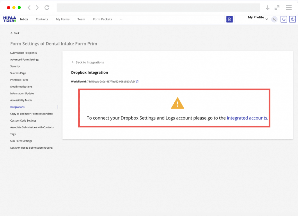 Notification for connecting a HIPAAtizer account to ensure an integration with Dropbox.