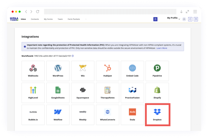 An integration dashboard highlighting the Dropbox option for Dropbox HIPAA compliant data syncing.