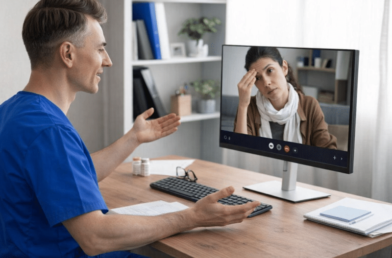 Telehealth service doctor conducting an online video consultation with a female patient during a remote medical appointment