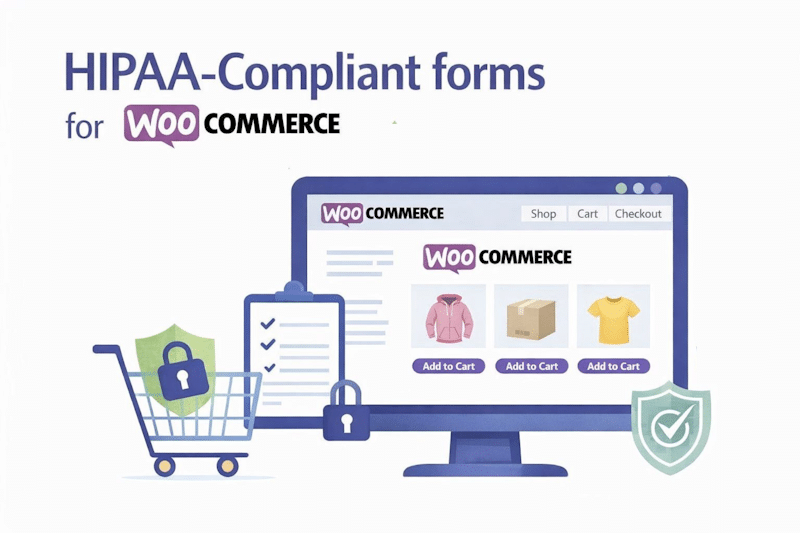 HIPAA-compliant WooCommerce forms with secure online store screen, shopping cart, and privacy lock icons.