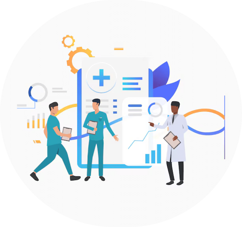 Healthcare workflow illustration with doctors managing patient data and medical forms.