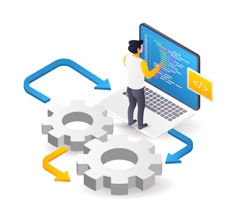 Software automation workflow illustration with developer coding and system integration gears.