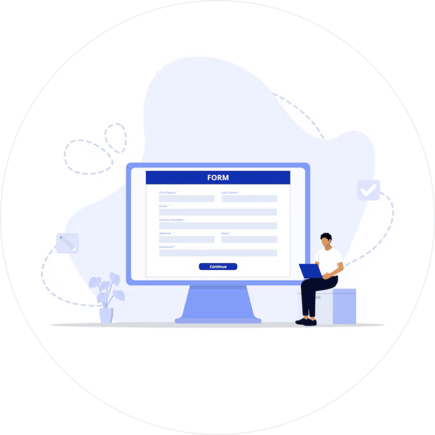 Online form submission interface illustration with user filling digital form on desktop manually.