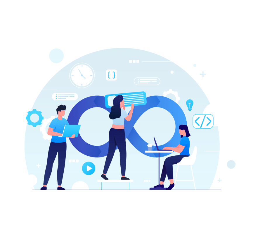 An illustration of developers collaborating on software development and data flow automation.