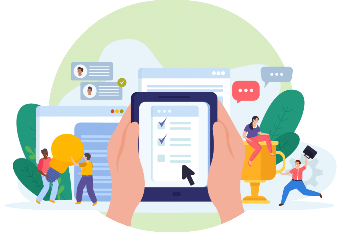 Online form submission and user interaction illustration with checklist and communication features.