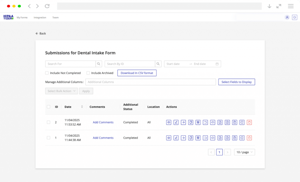 HIPAAtizer dashboard showing intake form submissions with filters and export options.