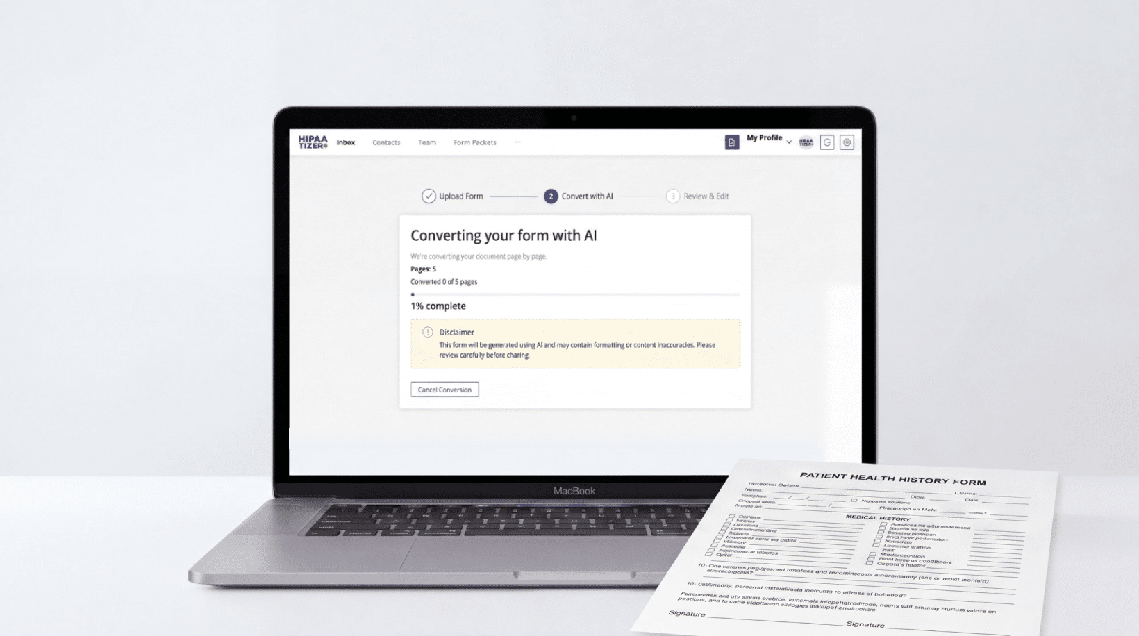 The laptop showing HIPAAtizer AI HIPAA form conversion in progress, with a paper Patient Health History form beside it.
