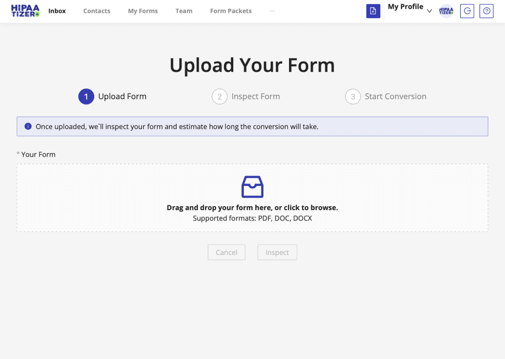 HIPAAtizer upload form interface with drag-and-drop file upload, DOC and PDF support, and AI conversion option.