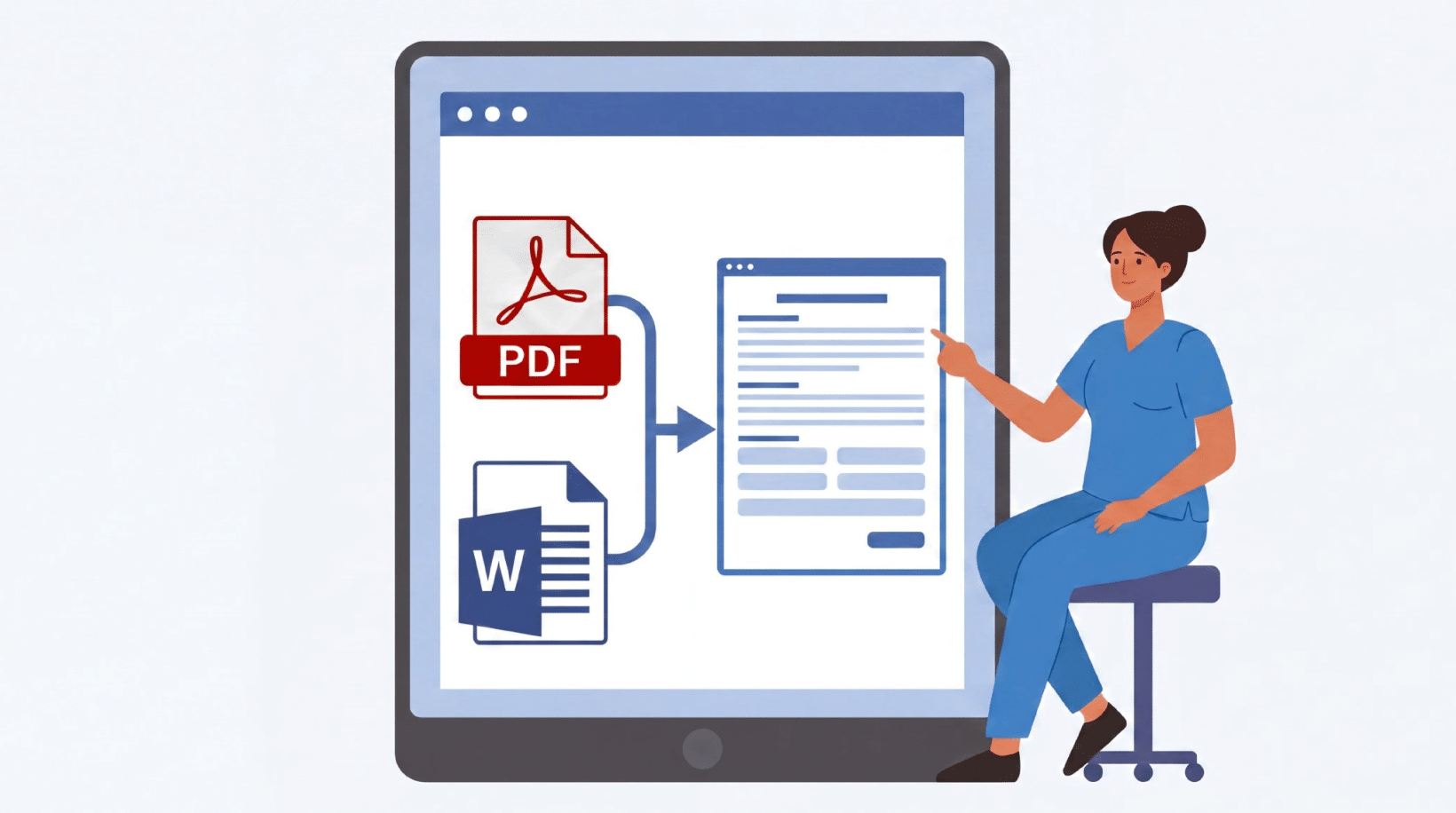 Healthcare professional converting PDF and Word forms to an online form on a tablet.