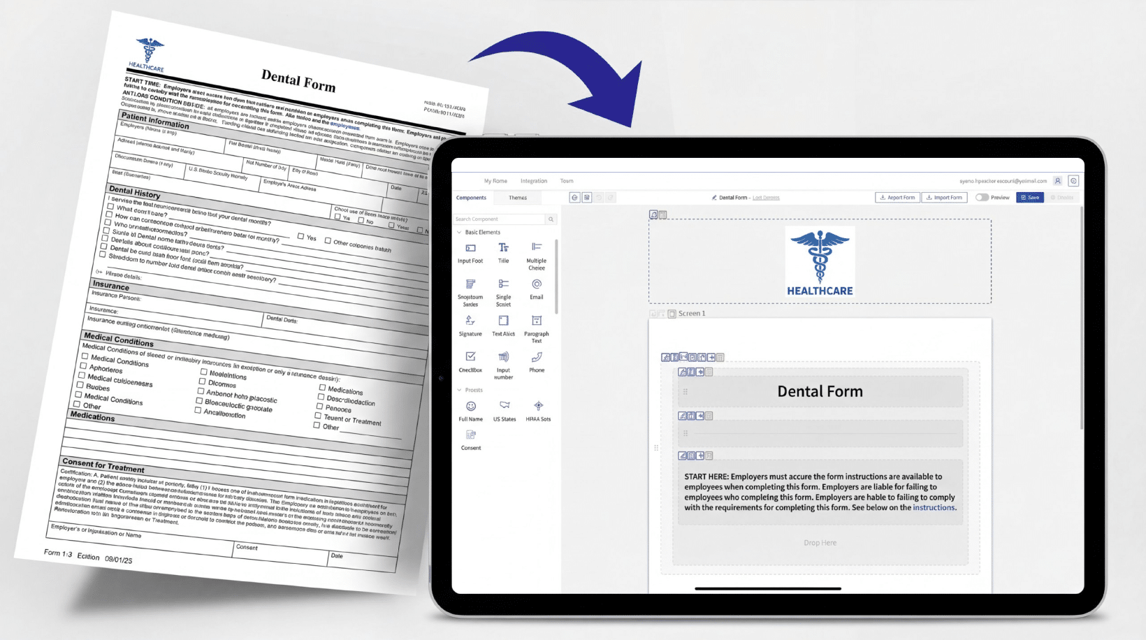 Convert PDF to online form – Dental intake paper form being transformed into a HIPAA-Compliant online form on a tablet using HIPAAtizer.