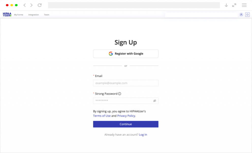 HIPAAtizer secure sign up page with Google registration and email options for HIPAA compliant form builder account creation.