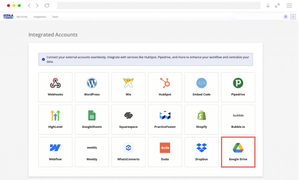 HIPAAtizer integrated accounts dashboard showing third-party integrations including Google Drive, HubSpot, WordPress, Shopify and more for HIPAA compliant form management.