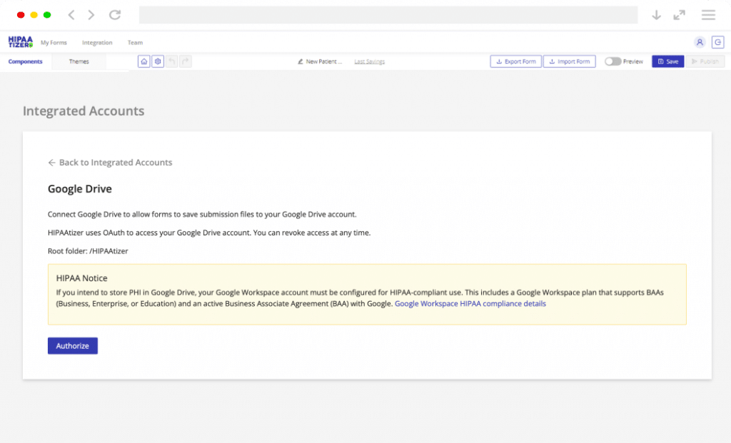 HIPAAtizer Google Drive integration setup page with HIPAA notice requiring Google Workspace Business or Enterprise plan for compliant form data storage.