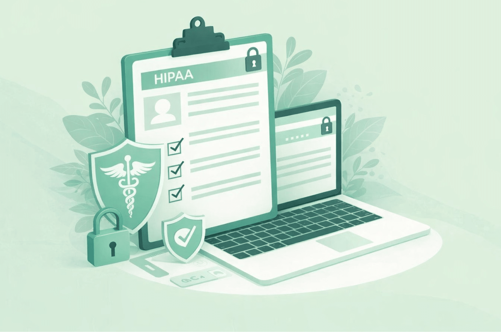 HIPAA-Compliant form builder with secure medical clipboard, shield, and padlock icons representing health data privacy.