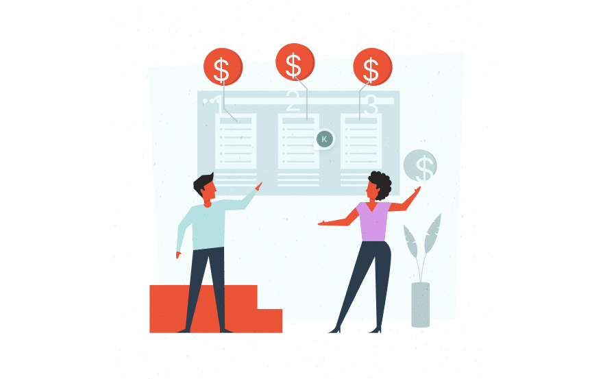 Two people comparing pricing plans with dollar sign icons above three columns.